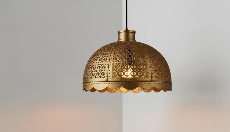 Handmade Brass Moroccan Pendant Light – Dome Hanging Lamp with Scalloped Edge