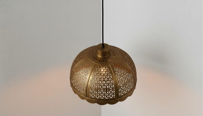 Handmade Brass Moroccan Pendant Light – Dome Hanging Lamp with Scalloped Edge