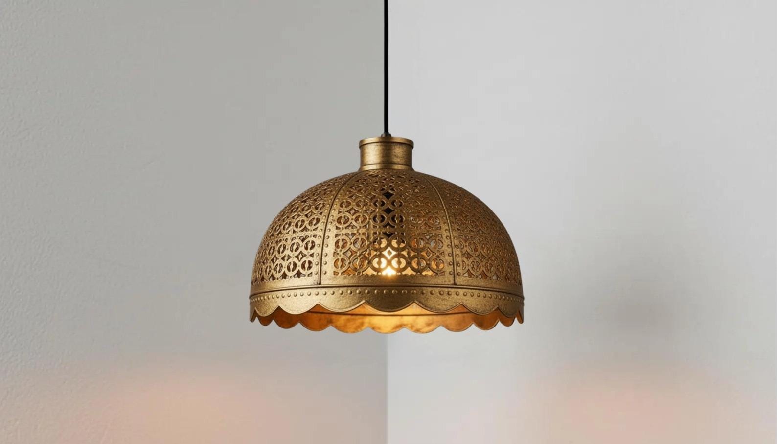 Handmade Brass Moroccan Pendant Light – Dome Hanging Lamp with Scalloped Edge
