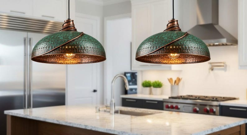 Green Patina Hammered Copper Pendant Light – Handmade Moroccan Dome Ceiling Lamp for Kitchen Island and Dining Room