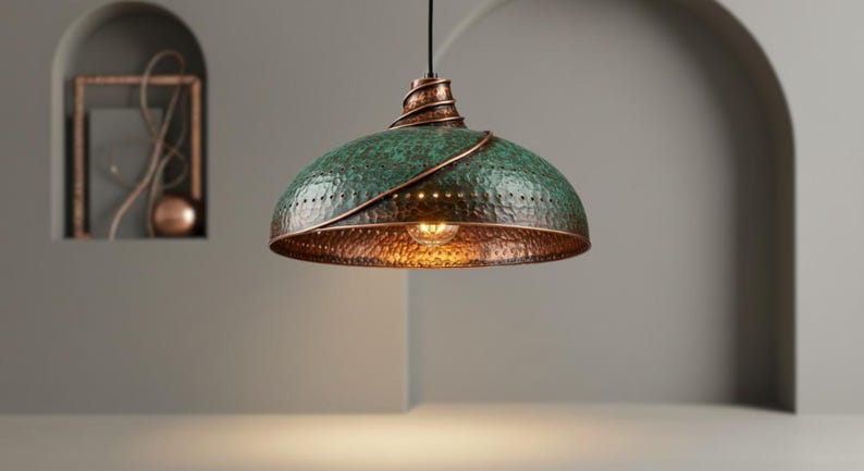 Green Patina Hammered Copper Pendant Light – Handmade Moroccan Dome Ceiling Lamp for Kitchen Island and Dining Room