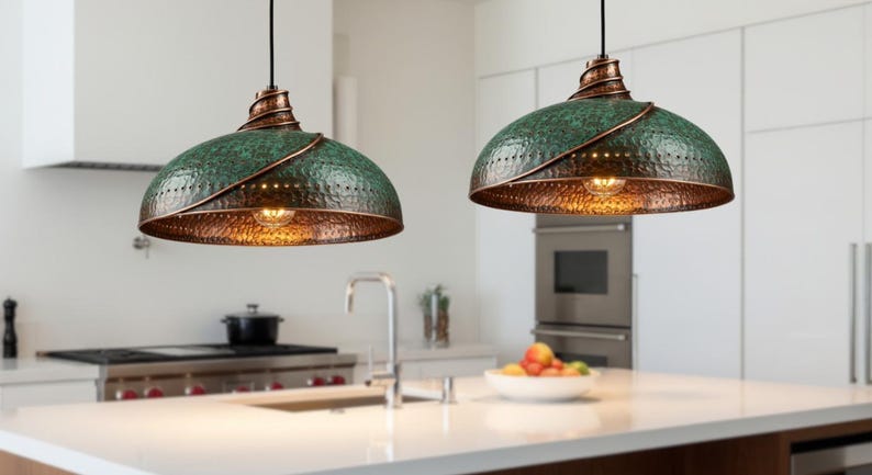Green Patina Hammered Copper Pendant Light – Handmade Moroccan Dome Ceiling Lamp for Kitchen Island and Dining Room