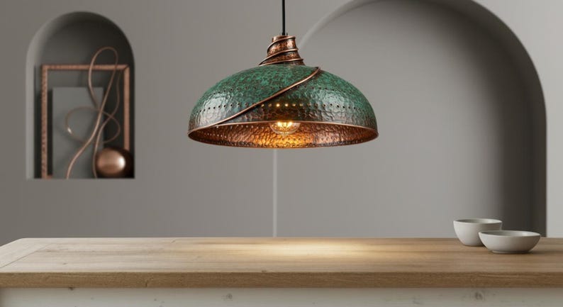 Green Patina Hammered Copper Pendant Light – Handmade Moroccan Dome Ceiling Lamp for Kitchen Island and Dining Room