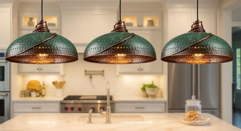 Green Patina Hammered Copper Pendant Light – Handmade Moroccan Dome Ceiling Lamp for Kitchen Island and Dining Room