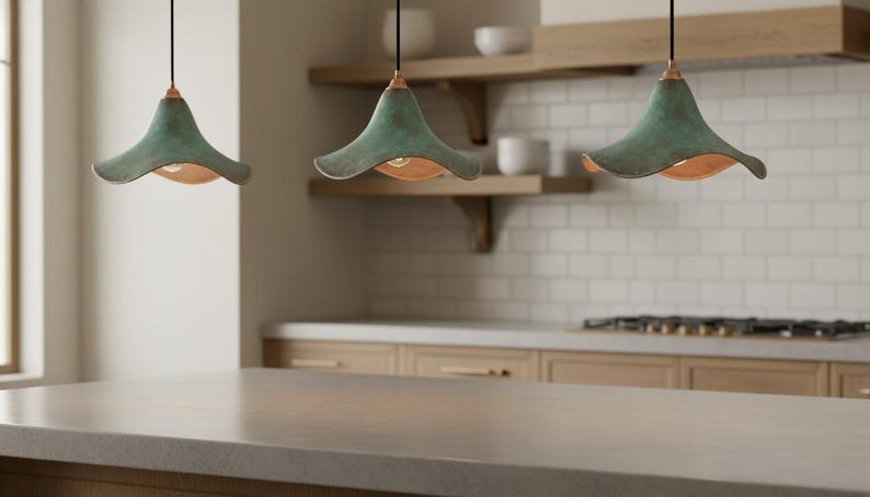 Green Patina Copper Pendant Light – Handmade Wavy Copper Ceiling Lamp for Kitchen Island, Dining Room, Entryway