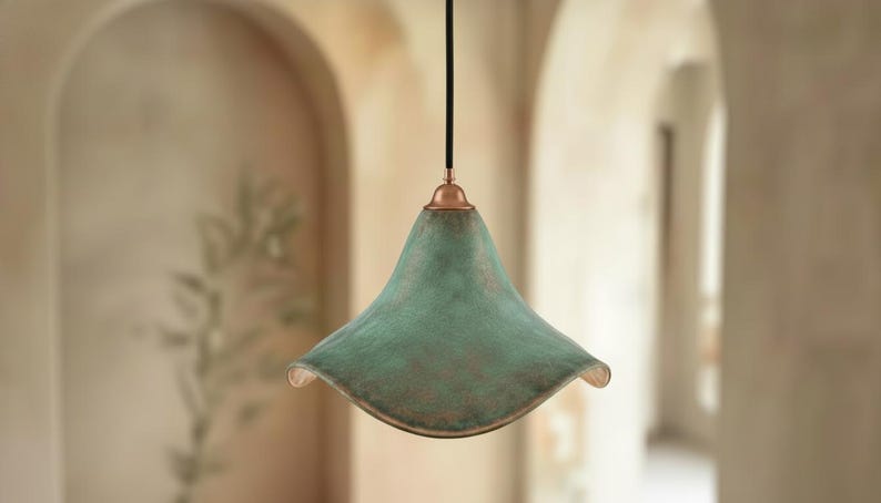 Green Patina Copper Pendant Light – Handmade Wavy Copper Ceiling Lamp for Kitchen Island, Dining Room, Entryway