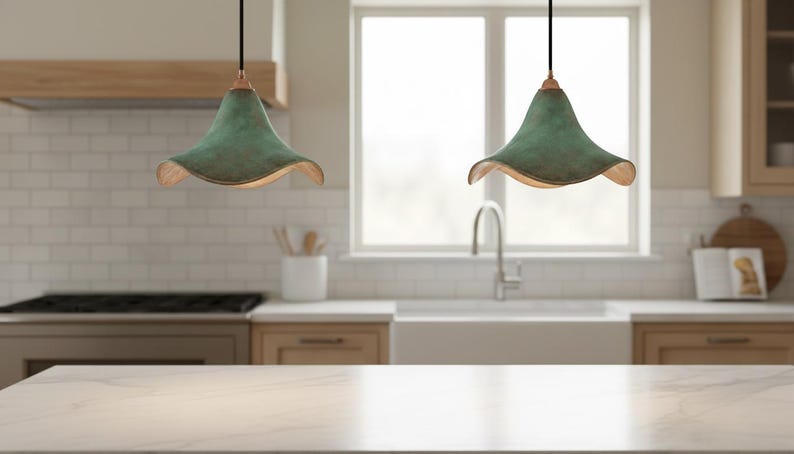 Green Patina Copper Pendant Light – Handmade Wavy Copper Ceiling Lamp for Kitchen Island, Dining Room, Entryway