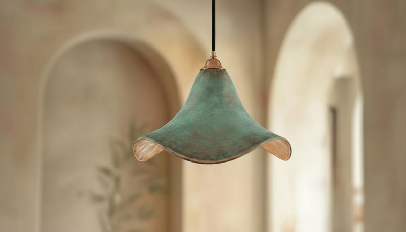 Green Patina Copper Pendant Light – Handmade Wavy Copper Ceiling Lamp for Kitchen Island, Dining Room, Entryway