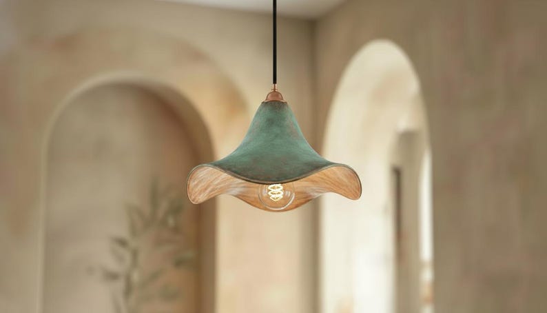 Green Patina Copper Pendant Light – Handmade Wavy Copper Ceiling Lamp for Kitchen Island, Dining Room, Entryway