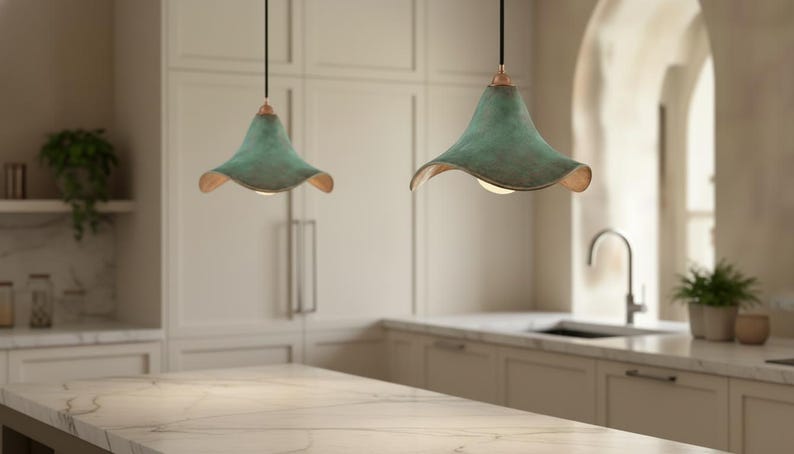 Green Patina Copper Pendant Light – Handmade Wavy Copper Ceiling Lamp for Kitchen Island, Dining Room, Entryway