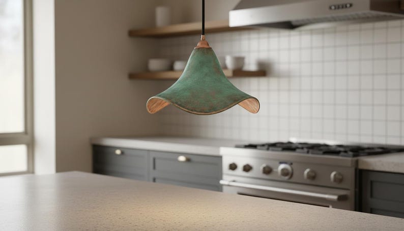 Green Patina Copper Pendant Light – Handmade Wavy Copper Ceiling Lamp for Kitchen Island, Dining Room, Entryway