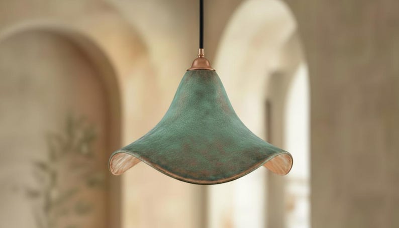 Green Patina Copper Pendant Light – Handmade Wavy Copper Ceiling Lamp for Kitchen Island, Dining Room, Entryway
