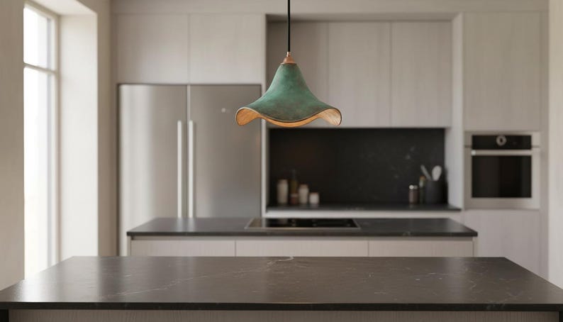 Green Patina Copper Pendant Light – Handmade Wavy Copper Ceiling Lamp for Kitchen Island, Dining Room, Entryway