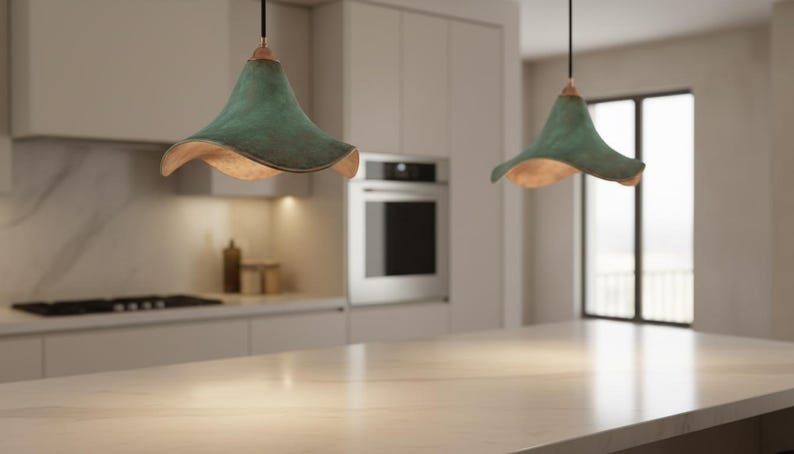 Green Patina Copper Pendant Light – Handmade Wavy Copper Ceiling Lamp for Kitchen Island, Dining Room, Entryway