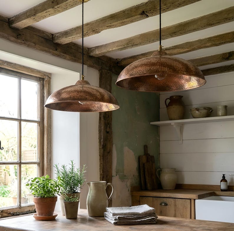 Set of 2 Large Hammered Copper Dome Pendant Lights