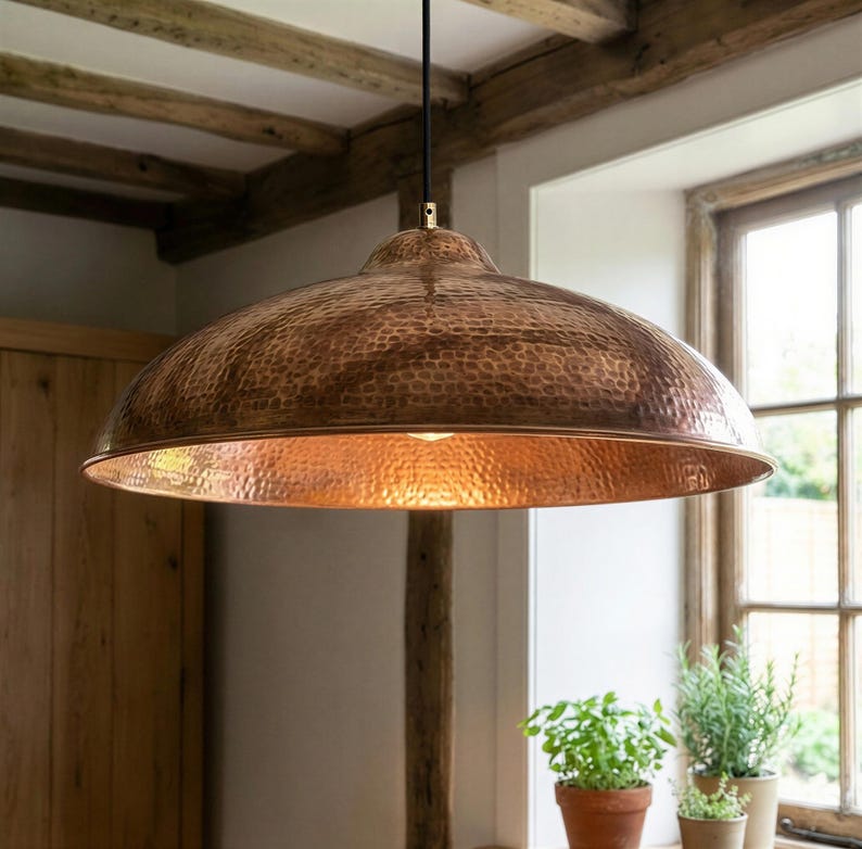 Set of 2 Large Hammered Copper Dome Pendant Lights