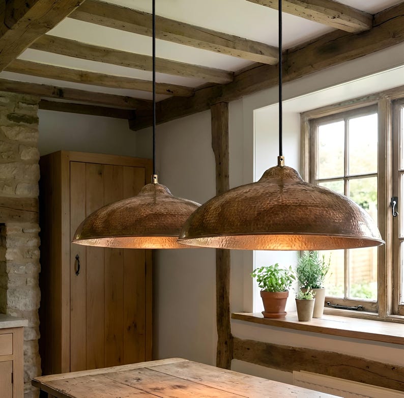 Set of 2 Large Hammered Copper Dome Pendant Lights