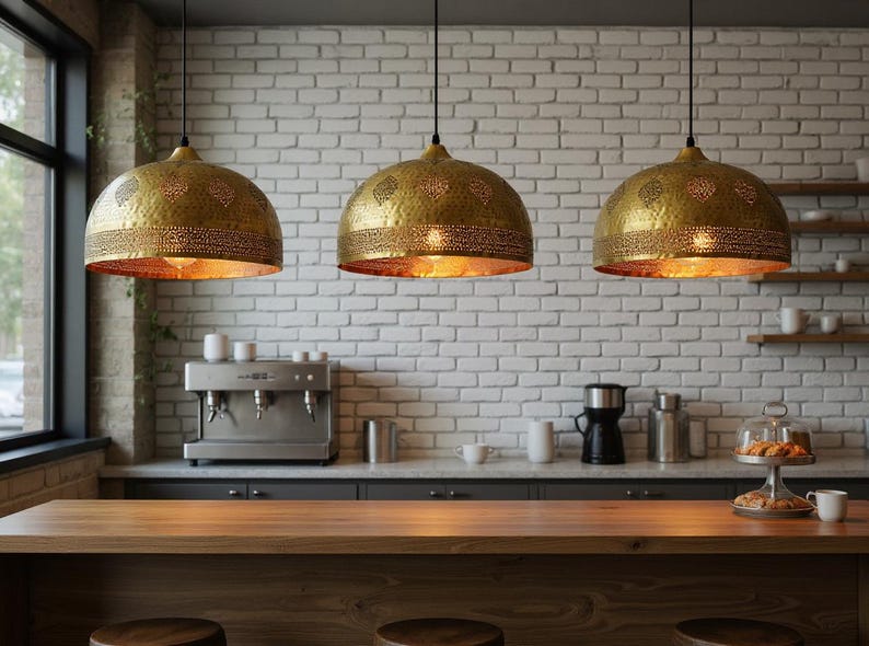 Handmade Moroccan Brass Pendant Light - Hammered Dome with Cutout Patterns