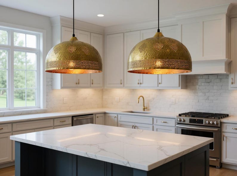 Handmade Moroccan Brass Pendant Light - Hammered Dome with Cutout Patterns