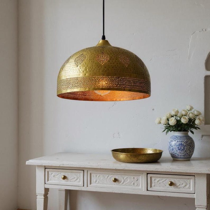 Handmade Moroccan Brass Pendant Light - Hammered Dome with Cutout Patterns
