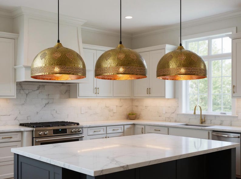 Handmade Moroccan Brass Pendant Light - Hammered Dome with Cutout Patterns