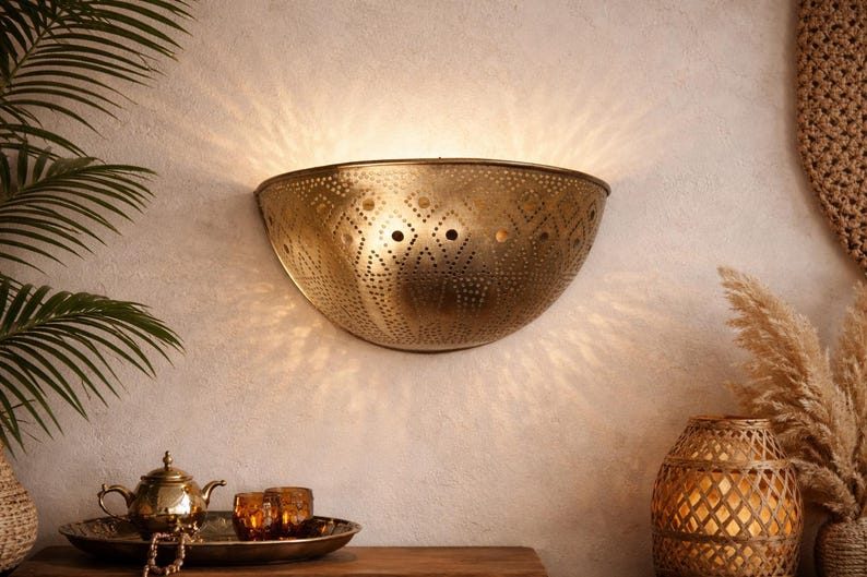 Moroccan Half-Moon Brass Wall Sconce – Hand-Pierced Bowl Light