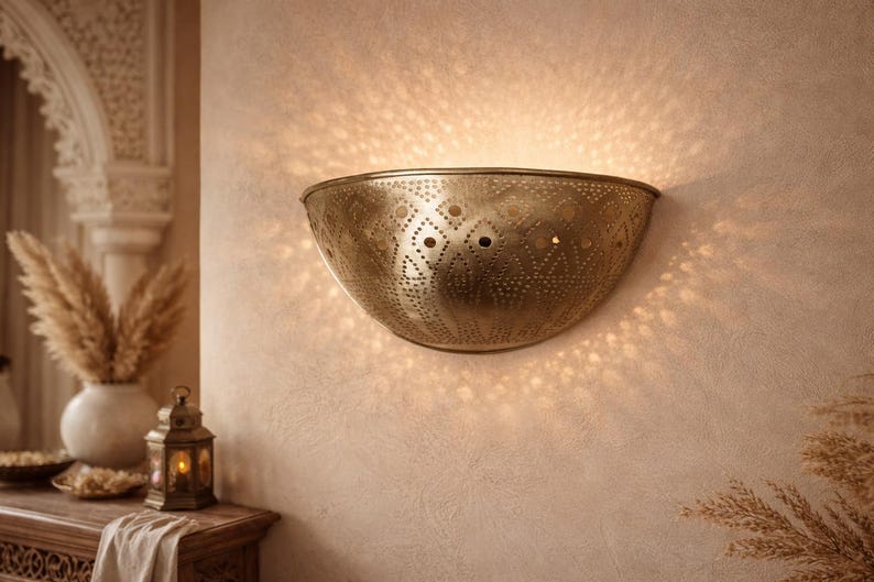 Moroccan Half-Moon Brass Wall Sconce – Hand-Pierced Bowl Light