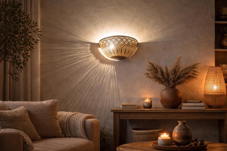 Moroccan Half-Moon Brass Wall Sconce – Hand-Pierced Bowl Light