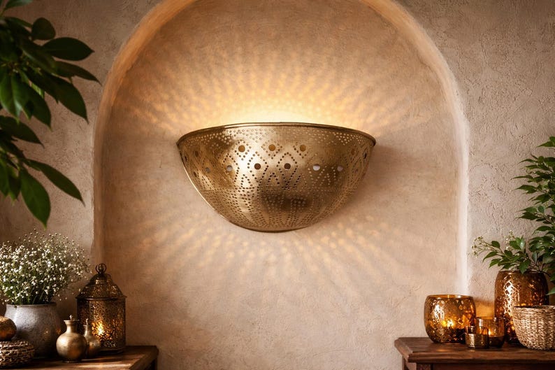 Moroccan Half-Moon Brass Wall Sconce – Hand-Pierced Bowl Light