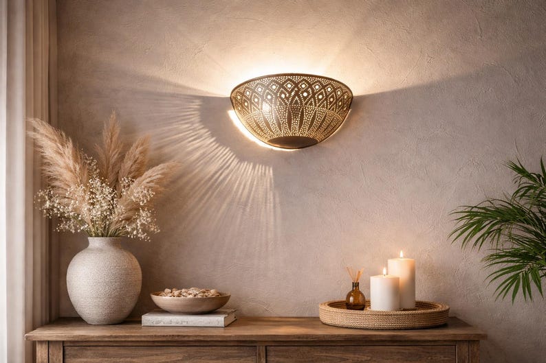 Moroccan Half-Moon Brass Wall Sconce – Hand-Pierced Bowl Light