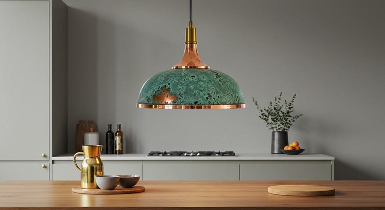 Handmade Copper Dome Pendant Light Green Patina
