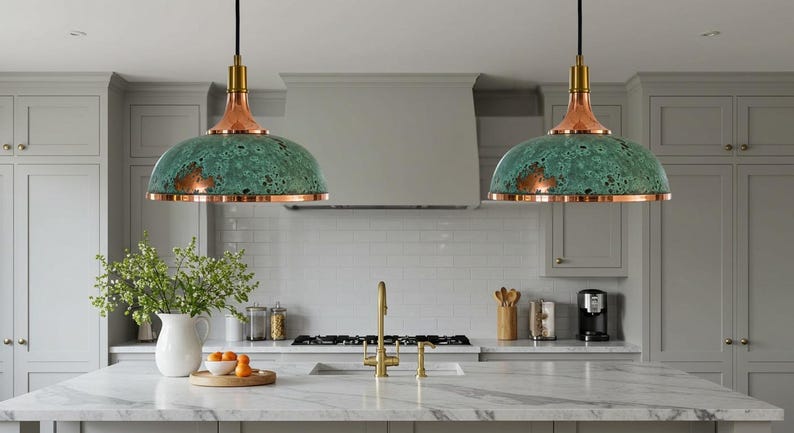Handmade Copper Dome Pendant Light Green Patina