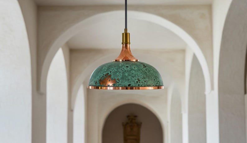 Handmade Copper Dome Pendant Light Green Patina