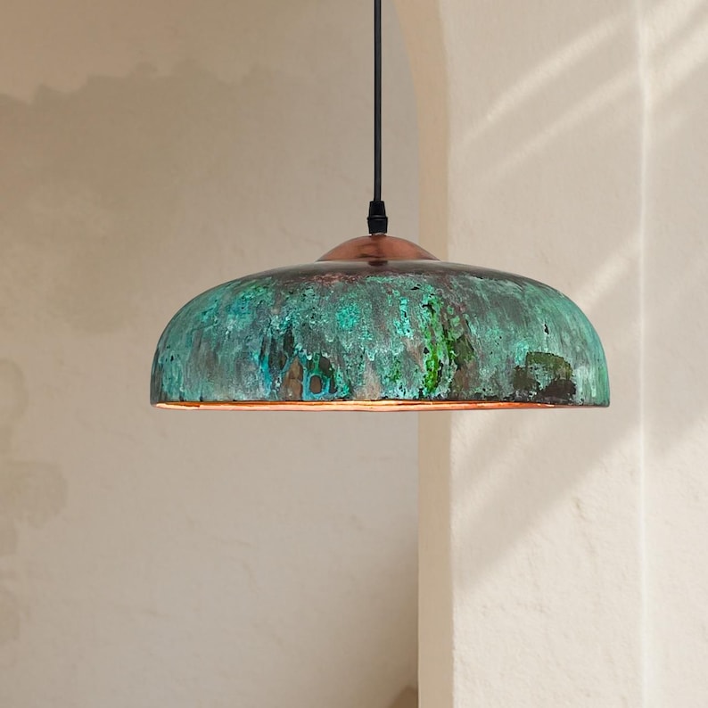 Green Patina Copper Pendant Light, Handmade Moroccan Dome Ceiling Lamp