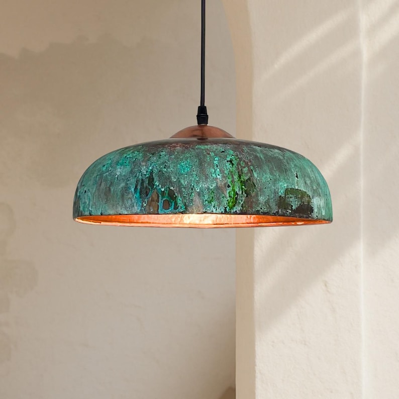 Green Patina Copper Pendant Light, Handmade Moroccan Dome Ceiling Lamp