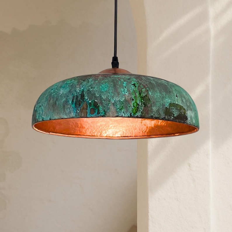 Green Patina Copper Pendant Light, Handmade Moroccan Dome Ceiling Lamp
