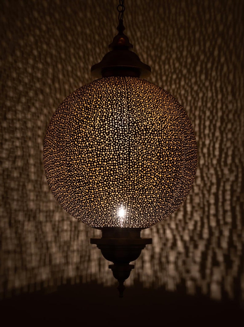 Moroccan Brass Globe Pendant Light – Handmade Pierced Hanging Lamp