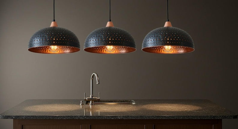 Black Hammered Copper Dome Pendant Light – Handmade Rustic Kitchen Island Ceiling Lamp