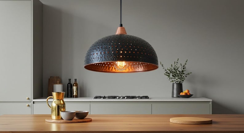 Black Hammered Copper Dome Pendant Light – Handmade Rustic Kitchen Island Ceiling Lamp