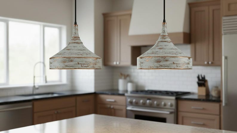 Distressed White Copper Pendant Light – Handmade Rustic Ceiling Lamp for Kitchen Island, Dining Room, and Entryway