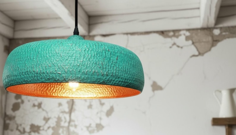Handmade Hammered Copper Ring Pendant Light with Verdigris Patina – Modern Rustic Ceiling Lamp