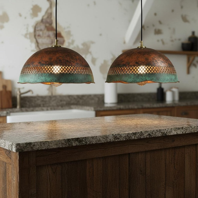 Handmade Copper Pendant Light with Perforated Pattern & Verdigris Edge – Rustic Ceiling Lamp