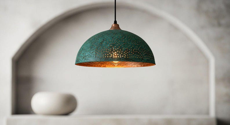 Green Patina Perforated Copper Dome Pendant Light – Handmade Rustic Ceiling Lamp for Kitchen Island and Dining Room