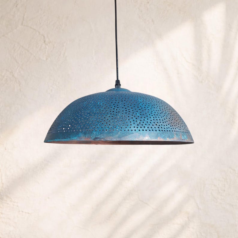 Handmade Perforated Copper Pendant Light with Blue Verdigris Patina – Rustic Dome Ceiling Lamp