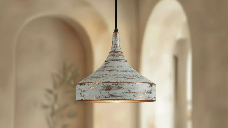 Distressed White Copper Pendant Light – Handmade Rustic Ceiling Lamp for Kitchen Island, Dining Room, and Entryway
