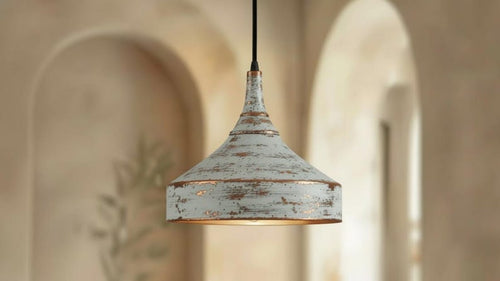 Distressed White Copper Pendant Light – Handmade Rustic Ceiling Lamp for Kitchen Island, Dining Room, and Entryway