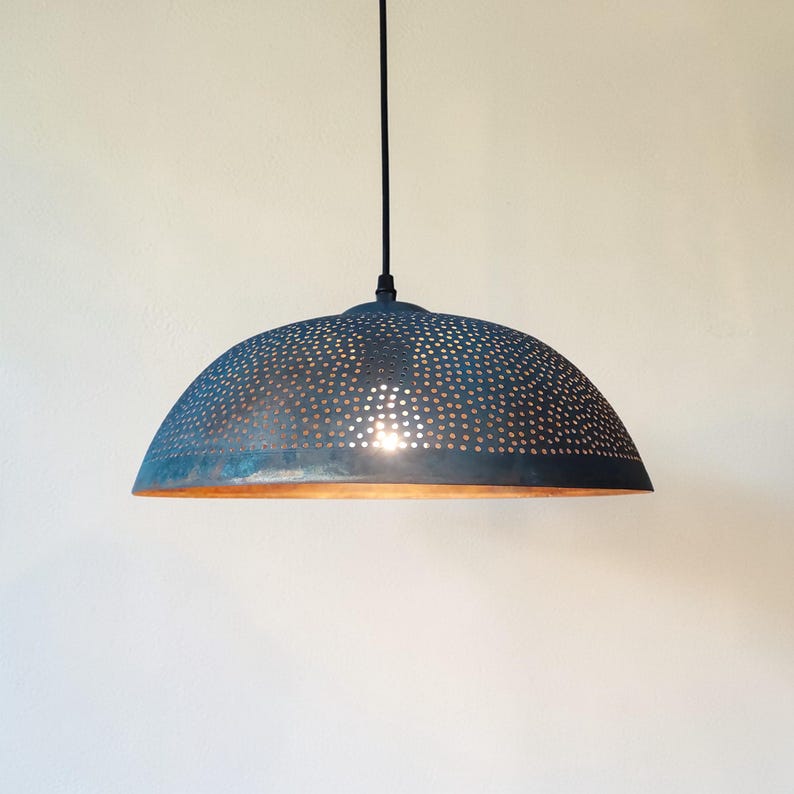 Handmade Perforated Copper Pendant Light with Blue Verdigris Patina – Rustic Dome Ceiling Lamp