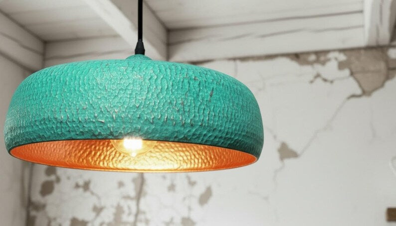 Handmade Hammered Copper Ring Pendant Light with Verdigris Patina – Modern Rustic Ceiling Lamp