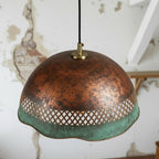 Handmade Copper Pendant Light with Perforated Pattern & Verdigris Edge – Rustic Ceiling Lamp