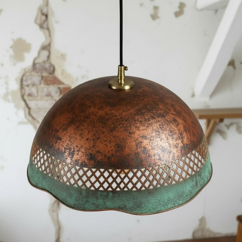Handmade Copper Pendant Light with Perforated Pattern & Verdigris Edge – Rustic Ceiling Lamp